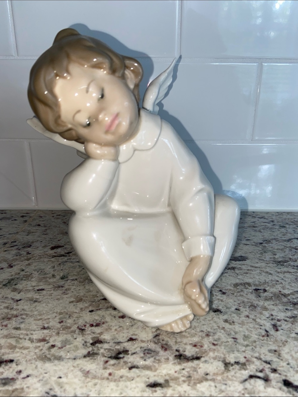 Lladro Porcelain Sleeping Angel Figurine in White and Light Brown